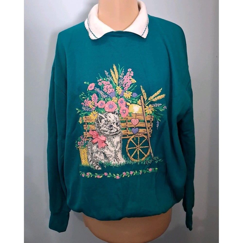 Vtg 90s Floral Cats Grandma Collared Sweatshirt Large L Womens Teal Bow Detail - Picture 1 of 14